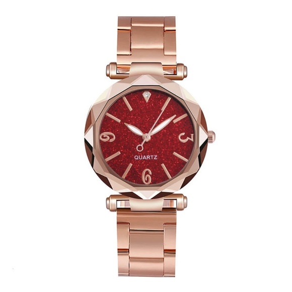 **EMALINE* Rose Gold x Red Rhinestone Fashion Quartz Watch - Picture 1 of 2